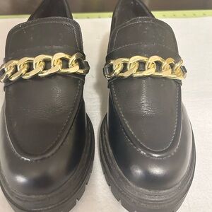 Anthropologie Black Loafers with Gold Chain
